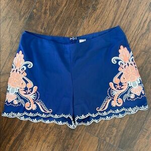 Navy Blue Embroidered Shorts with Pink Floral Design